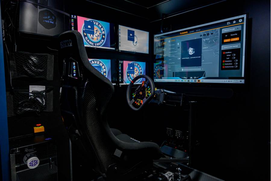 Racing simulator at a video game truck party in Austin, Texas